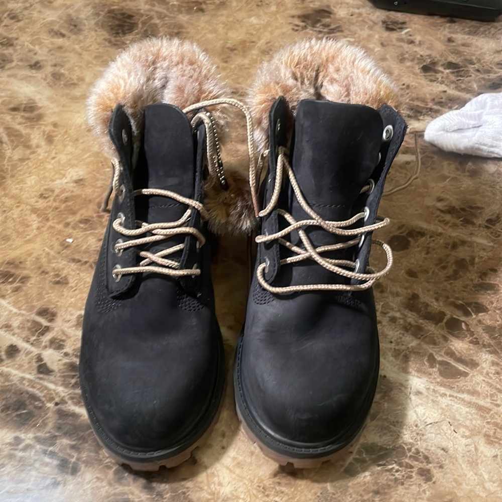 Black faux fur timberlands